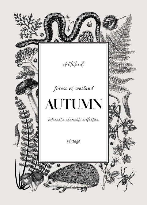 Forest vector greeting card and invitation. Hand-drawn autumn plants, fall leaves, mushrooms, ferns, woodland animals sketches. Decorative autumn background in vintage style for banner, print, wedding